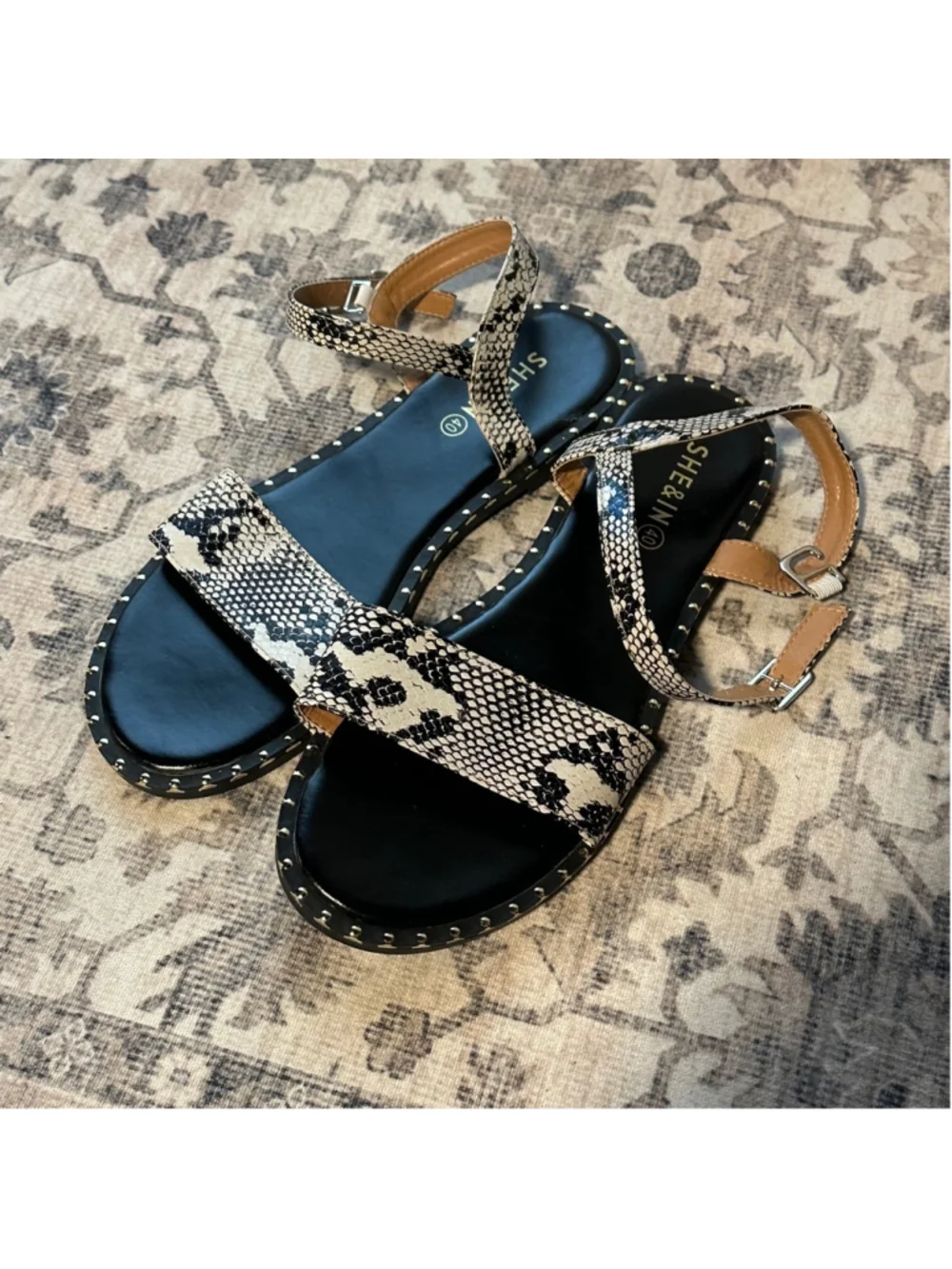 Women's SHE & IN Sandals Size 40 Black and White Snake Print Summer